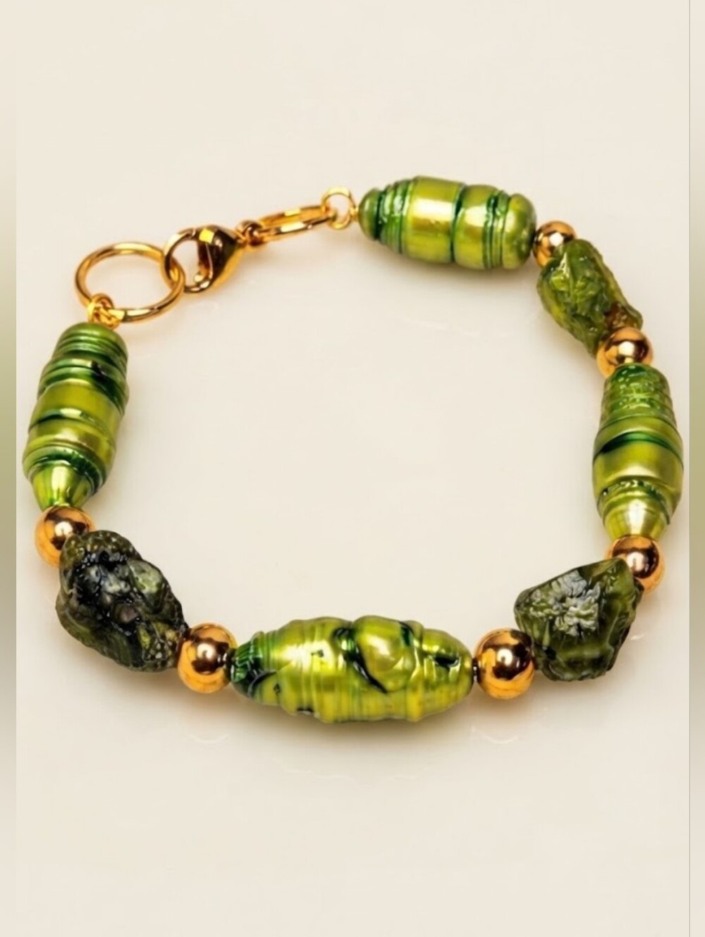 Natural Green Rough Peridot & Genuine Green Baroque Pearl Bracelet